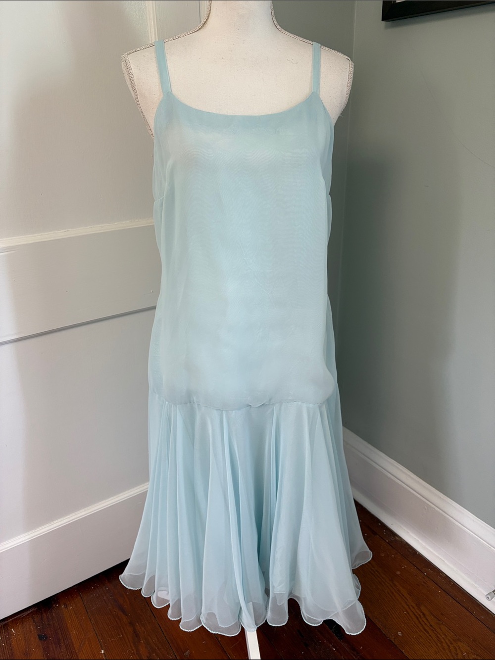 Vintage 1970s Light Blue Slip Dress Drop Waist Flowy Hem Fairy Cottage Medium
